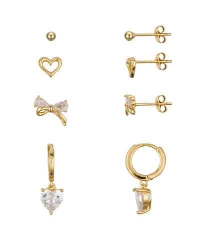 Unwritten Cubic Zirconia Heart And Bow Hoop Stud Earring Set In Gold
