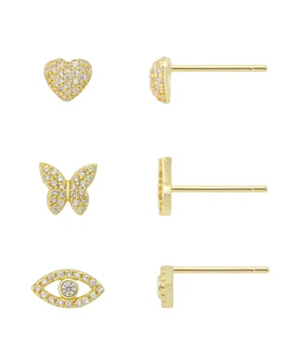 Unwritten Cubic Zirconia Heart, Butterfly And Evil Eye Trio Earring Set In Gold