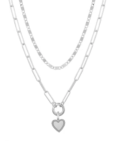 Unwritten Cubic Zirconia Heart Paperclip Carabiner Layered Necklace Set In Silver