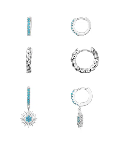 Unwritten Cubic Zirconia Imitation Turquoise Sun Charm Hoop Set In Silver