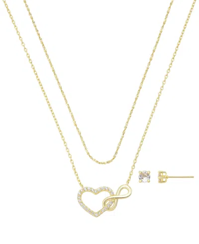 Unwritten Cubic Zirconia Infinity Heart Pendant Layered Necklace With Earring Set In Gold