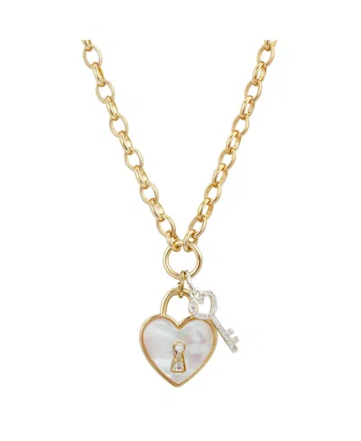 Unwritten Cubic Zirconia Key And Genuine Mother Of Pearl Inlay Stone Heart Necklace In Gold