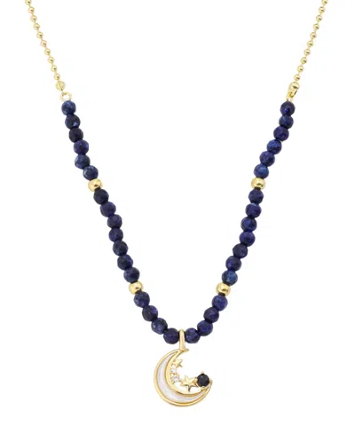 Unwritten Cubic Zirconia, Lapis And Mother Of Pearl Beaded Necklace With Celestial Pendant In Gold