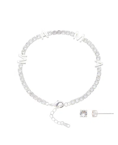 Unwritten Cubic Zirconia Mama Tennis Bracelet With Earring Set In Silver