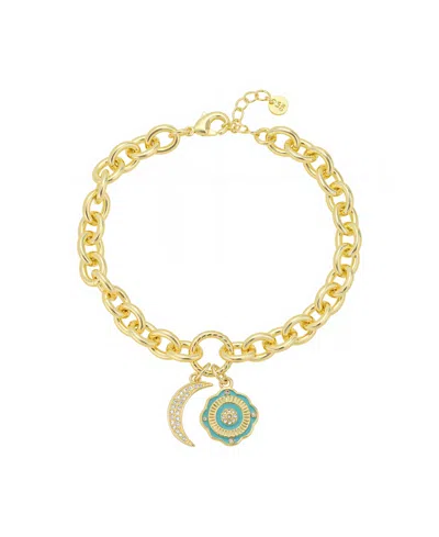 Unwritten Cubic Zirconia Moon Crystal Green Enamel Evil Eye Link Chain Bracelet With Extender In Gold