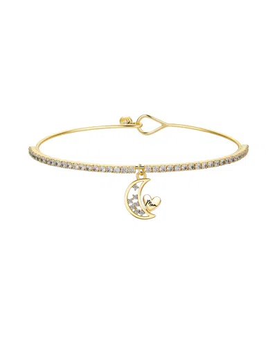 Unwritten Cubic Zirconia Moon Heart "mom" Catch Tennis Bangle Bracelet In Gold