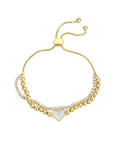 Unwritten Cubic Zirconia Mother Of Pearl Heart Beaded Double Strand Bolo Bracelet In Gold