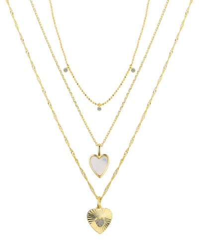 Unwritten Cubic Zirconia Mother Of Pearl Heart Layered 3-piece Necklace Set In Yellow