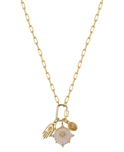 Unwritten Cubic Zirconia Mother Of Pearl Star Hamsa Hand Carabiner Lock Charm Pendant Necklace In Gold