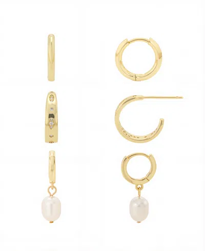 Unwritten Cubic Zirconia Post Hoop Fresh Water Mother Of Pearl Endless Hoop Earrings 3 Pairs Set In Gold