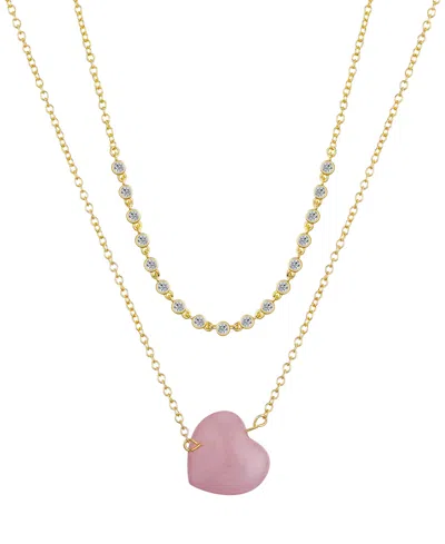 Unwritten Cubic Zirconia Rose Quartz Heart Layered 2-piece Necklace Set In Gold