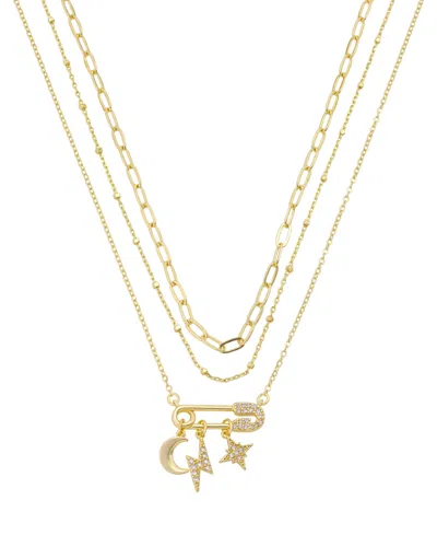 Unwritten Cubic Zirconia Safety Pin Celestial Pendant Trio Necklace Set In Gold