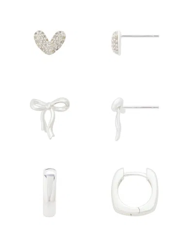 Unwritten Cubic Zirconia Silver-tone Bow Hoop Earrings, 3-piece Set In Metallic