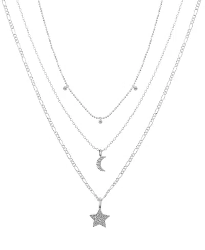 Unwritten Cubic Zirconia Star And Moon Layered Pendant Necklace Set In Silver