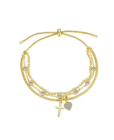 Unwritten Cubiz Zirconia Cross Heart Layered Bolo Bracelet In Gold