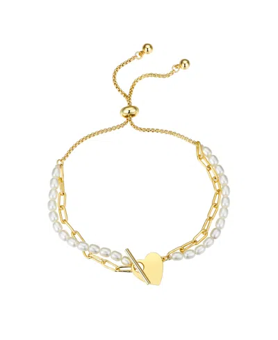Unwritten Cultivated Pearl And Paperclip Heart Bolo Bracelet In Gold