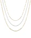 Unwritten Genuine Glass Stone And 14k Gold Plated Layered Necklace Set, 3 Pieces In White