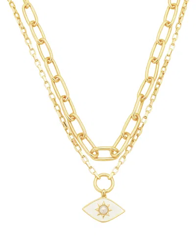 Unwritten Glass Mother Of Pearl Evil Eye Double Layer Necklace Set In Gold
