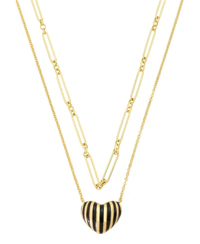 Unwritten Gold-tone Plated Enamel Stripe Heart Pendant Duo Necklace Set In Neutral