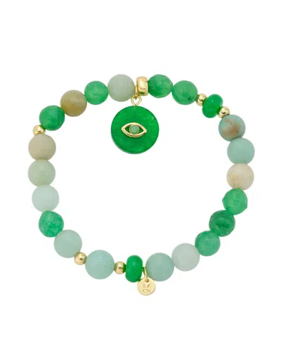 Unwritten Green Agate, Amazonite And Dyed Quartz Evil Eye Charm Stretch Bracelet In Gold