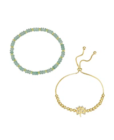 Unwritten Green Aventurine Stretch And Family Tree Bolo Bracelet Set In Gold