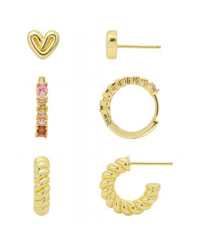 Unwritten Heart Post Stud, Multi Pink Cubic Zirconia Endless Hoop, Twits Post Hoop 3pairs Ear Set In Gold