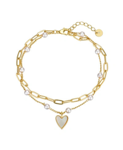 Unwritten Imitation Mother Of Pearl Heart And White Imitation Pearl Bracelet In Gold