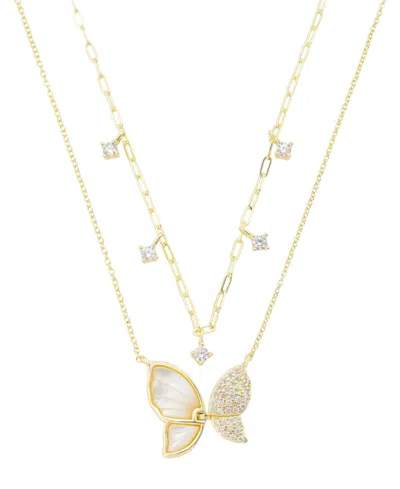 Unwritten Imitation Pearl And Cubic Zirconia Butterfly Pendant Duo Necklace Set In Gold