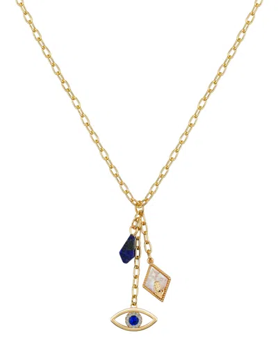 Unwritten Lapis Cubic Zirconia Mother Of Pearl Evil Eye Hamsa Hand Charm Pendant Y-necklace In Gold