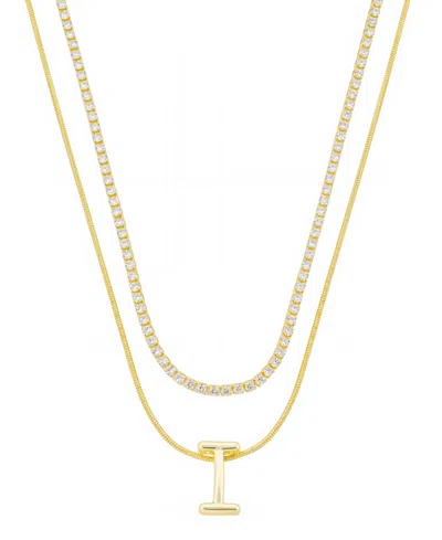 Unwritten Letter "i" Initial Snake Chain Cubic Zirconia Chain Necklace With Extender 2pcs Set In Gold