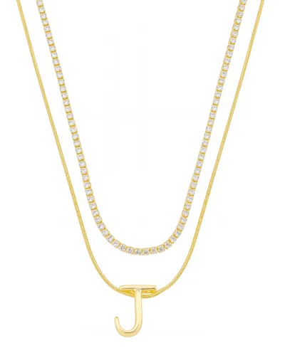 Unwritten Letter "j" Initial Snake Chain Cubic Zirconia Chain Necklace With Extender 2pcs Set In Gold