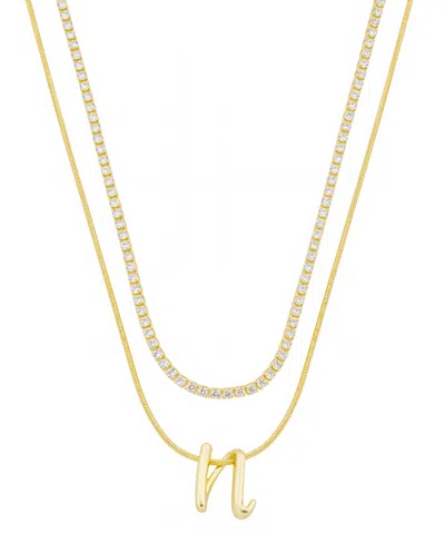 Unwritten Letter "n" Initial Snake Chain Cubic Zirconia Chain Necklace With Extender 2pcs Set In Gold