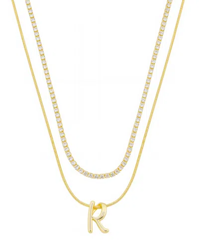 Unwritten Letter "r" Initial Snake Chain Cubic Zirconia Chain Necklace With Extender 2pcs Set In Gold