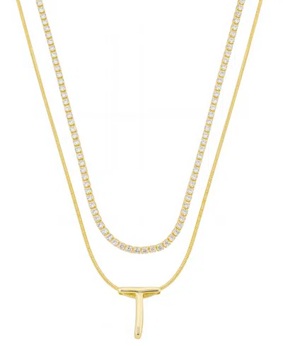Unwritten Letter "t" Initial Snake Chain Cubic Zirconia Chain Necklace With Extender 2pcs Set In Gold