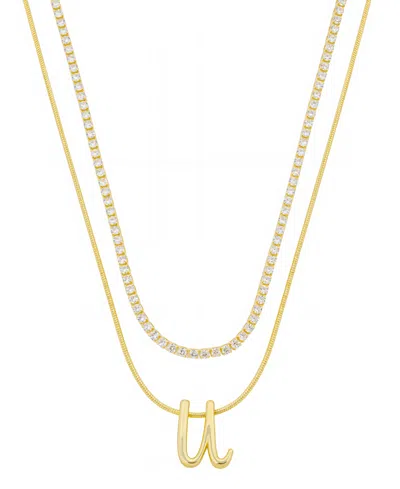 Unwritten Letter "u" Initial Snake Chain Cubic Zirconia Chain Necklace With Extender 2pcs Set In Gold