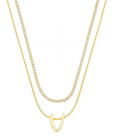 Unwritten Letter "v" Initial Snake Chain Cubic Zirconia Chain Necklace With Extender 2pcs Set In Gold