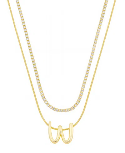 Unwritten Letter "w" Initial Snake Chain Cubic Zirconia Chain Necklace With Extender 2pcs Set In Gold