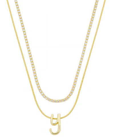 Unwritten Letter "y" Initial Snake Chain Cubic Zirconia Chain Necklace With Extender 2pcs Set In Gold