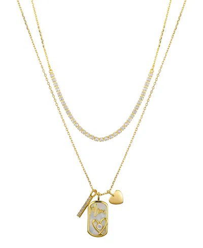 Unwritten "mom" Cubic Zirconia Mother Of Pearl Tennis Charm Layered Necklace Set In Gold