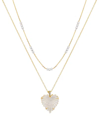 Unwritten Mother Of Pearl Heart And Freshwater Cultivated Pearl Layered Pendant Necklace Set In Gold