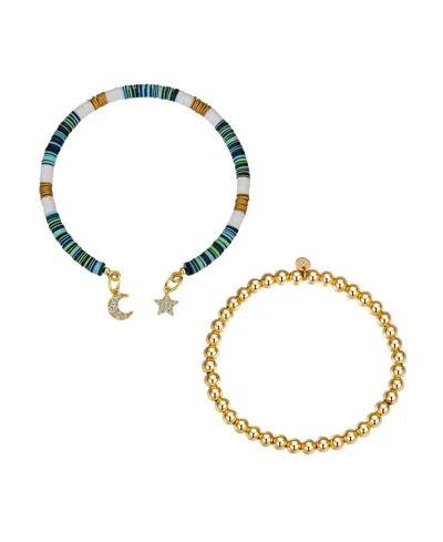 Unwritten Multi Color Disk Bead Moon And Star And Stretch Bracelet Set In Gold