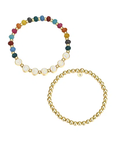 Unwritten Multi Color Quartz Godmama Stone And Beaded Stretch Bracelet Set In Gold