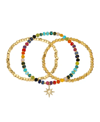 Unwritten Multi Color Stone And 14k Gold Plated Heart Stretch Bracelet Set
