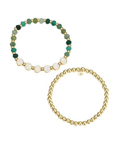 Unwritten Multi Green Quartz Family Stone And Beaded Stretch Bracelet Set In Gold