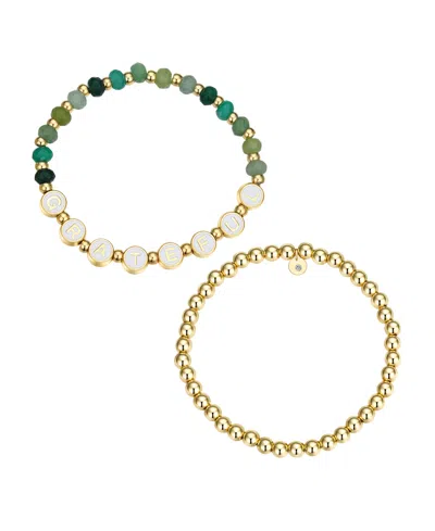 Unwritten Multi Green Quartz Grateful Stone And Beaded Stretch Bracelet Set In Gold