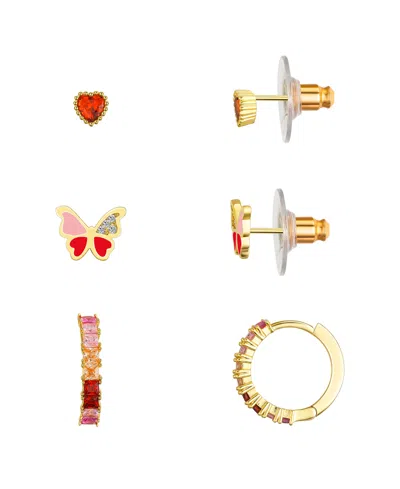 Unwritten Multi Pink Cubic Zirconia And Enamel Heart Butterfly Stud And Hoop Earring Set In Gold