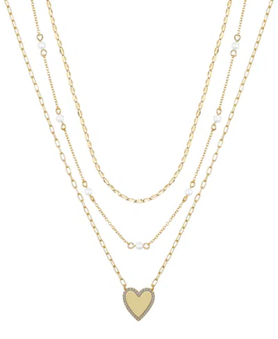Unwritten Natural Pearl Cubic Zirconia Heart Layered Necklace Set In Gold