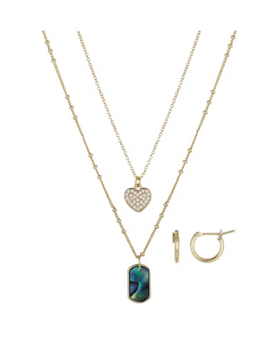Unwritten Pave Crystal Heart And Genuine Abalone Stone Necklace And Earring Set, 4 Piece In Gold