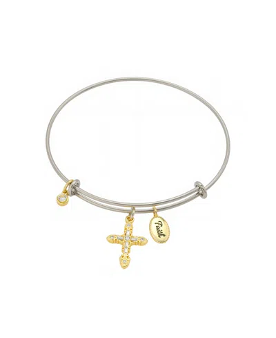Unwritten Two Tone Tone "faith" Crystal Cross And Crystal Bezel Bangle Bracelet In Gold