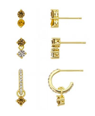 Unwritten Yellow Topaz Crystal Post Stud 12mm Crystal Post Hoop 3pair Ear Set In Gold